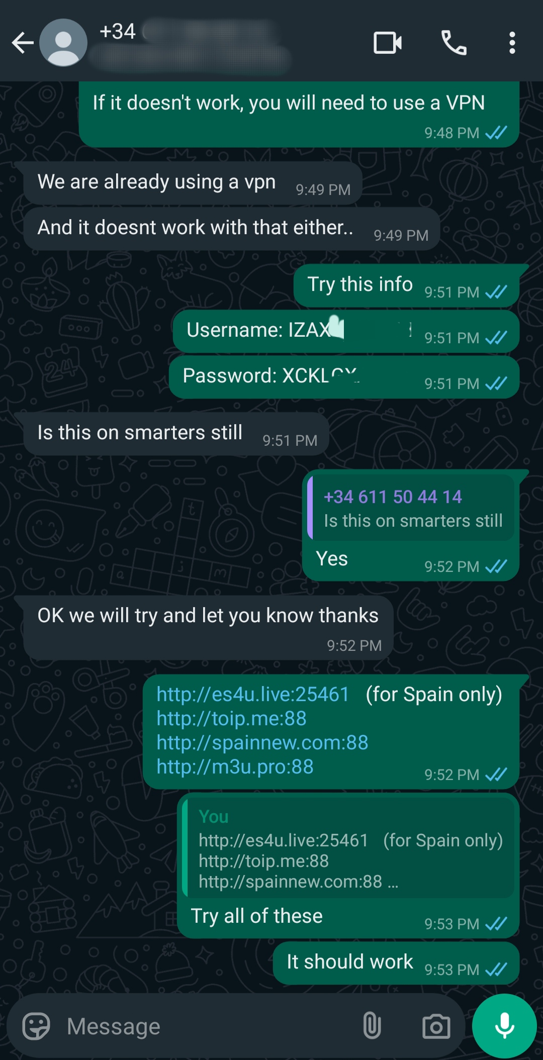 A WhatsApp chat showing troubleshooting steps for a streaming service. The chat includes Argentina IPTV suggestions, a username and password, and multiple streaming server links, with the user confirming they’ll try the provided options.
