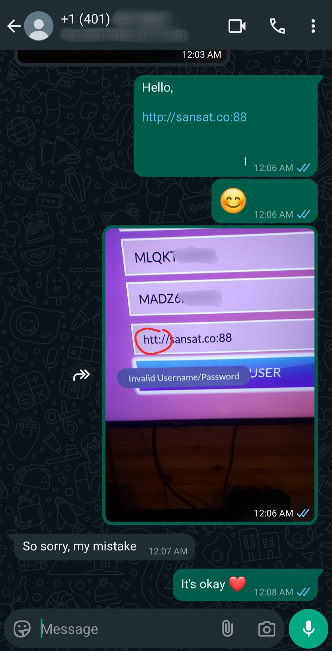 A WhatsApp chat shows a link for Argentina IPTV being shared, followed by a photo of a TV screen with a login error and the same link circled in red. The user apologizes, and the reply says, It's okay with a heart emoji.