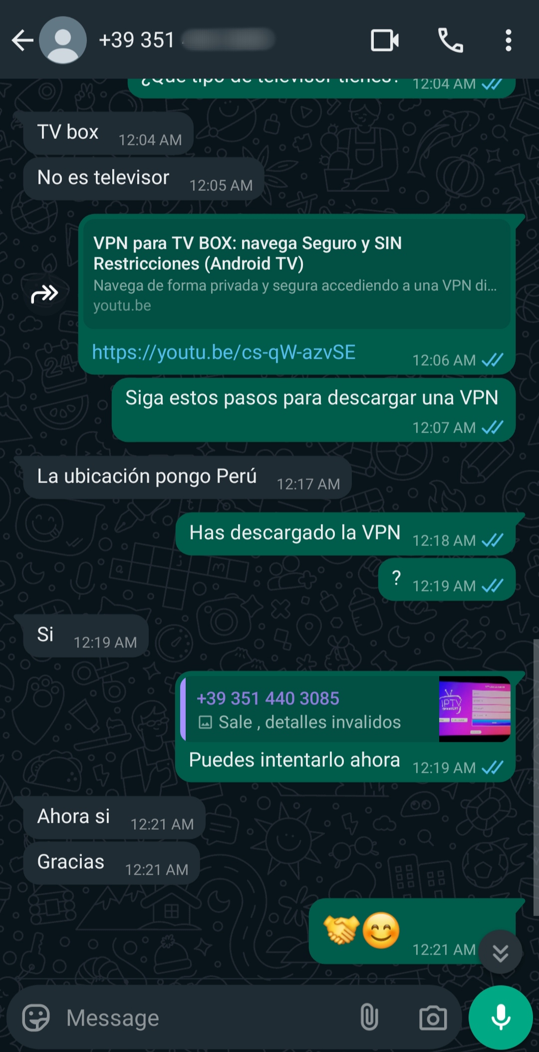 WhatsApp chat showing a conversation about setting up a VPN for an Argentina IPTV TV box, including sending a YouTube link, instructions, and confirmation after successful setup, ending with handshake and smiling face emojis.
