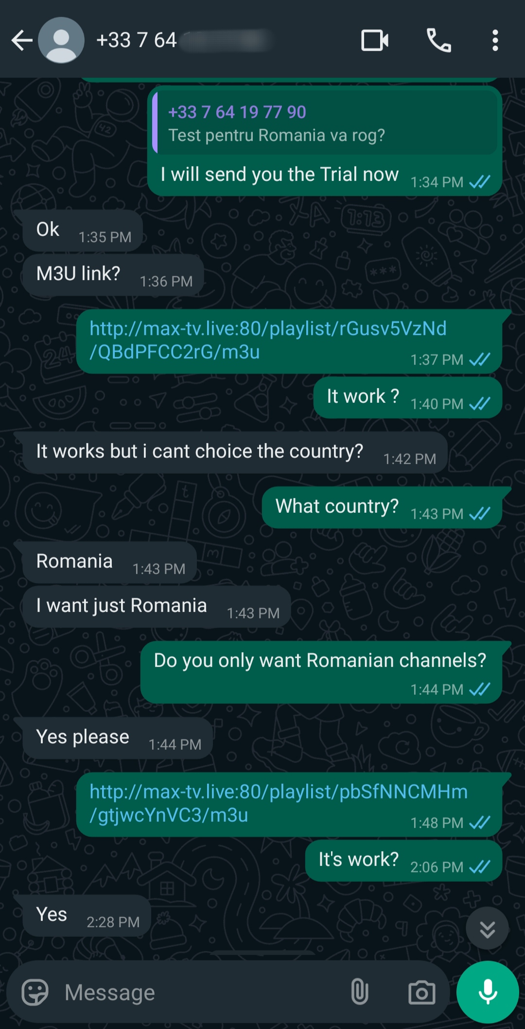 A WhatsApp chat shows a conversation about accessing Romanian IPTV channels. One user shares playlist links, mentioning they also include Argentina IPTV, while the other requests only Romanian channels and confirms the links work.