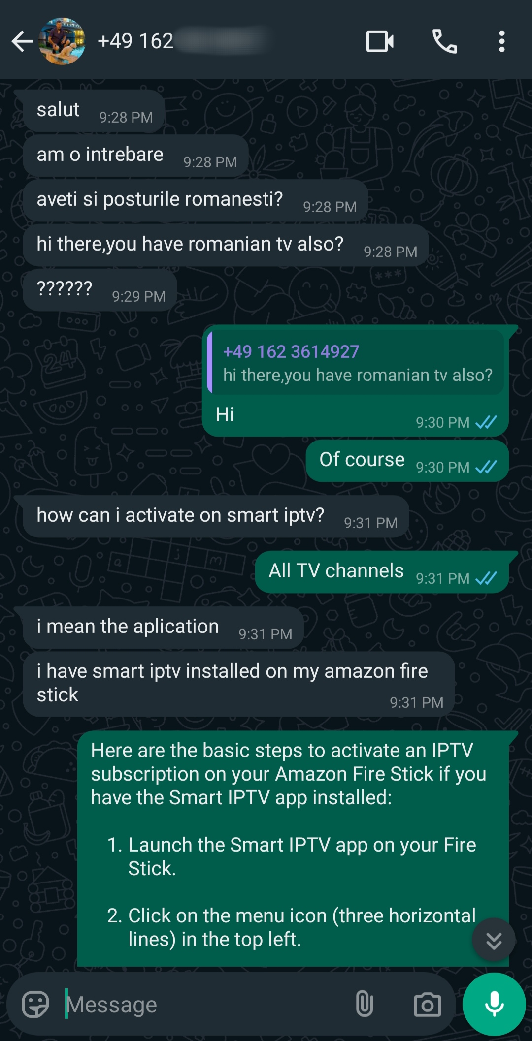 A WhatsApp chat shows a user asking about Romanian TV and Argentina IPTV, plus activating Smart IPTV on Amazon Fire Stick. The other person provides step-by-step instructions on how to activate the IPTV app on the Fire Stick.