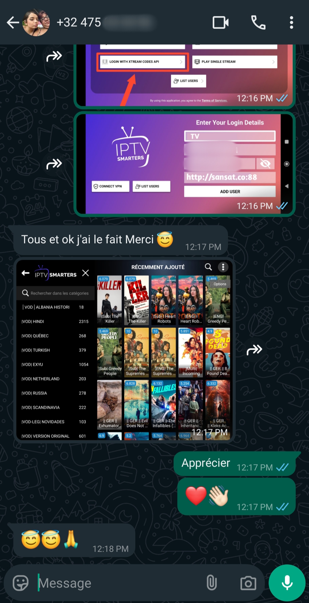A WhatsApp chat shows instructions for logging in to IPTV Smarters and using Argentina IPTV, followed by a French confirmation message. A screenshot of TV show/movie selections is shared, with emojis and appreciative responses.