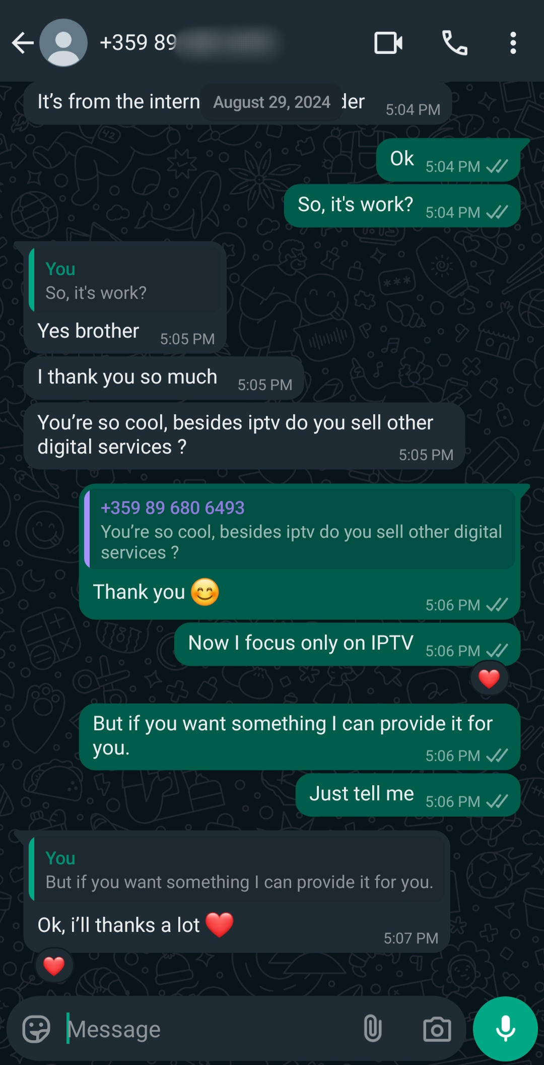 A WhatsApp chat between two people discussing Argentina IPTV services. One asks if other digital services are offered, and the other replies they now focus only on IPTV but can provide more if needed. Multiple heart emojis are used.
