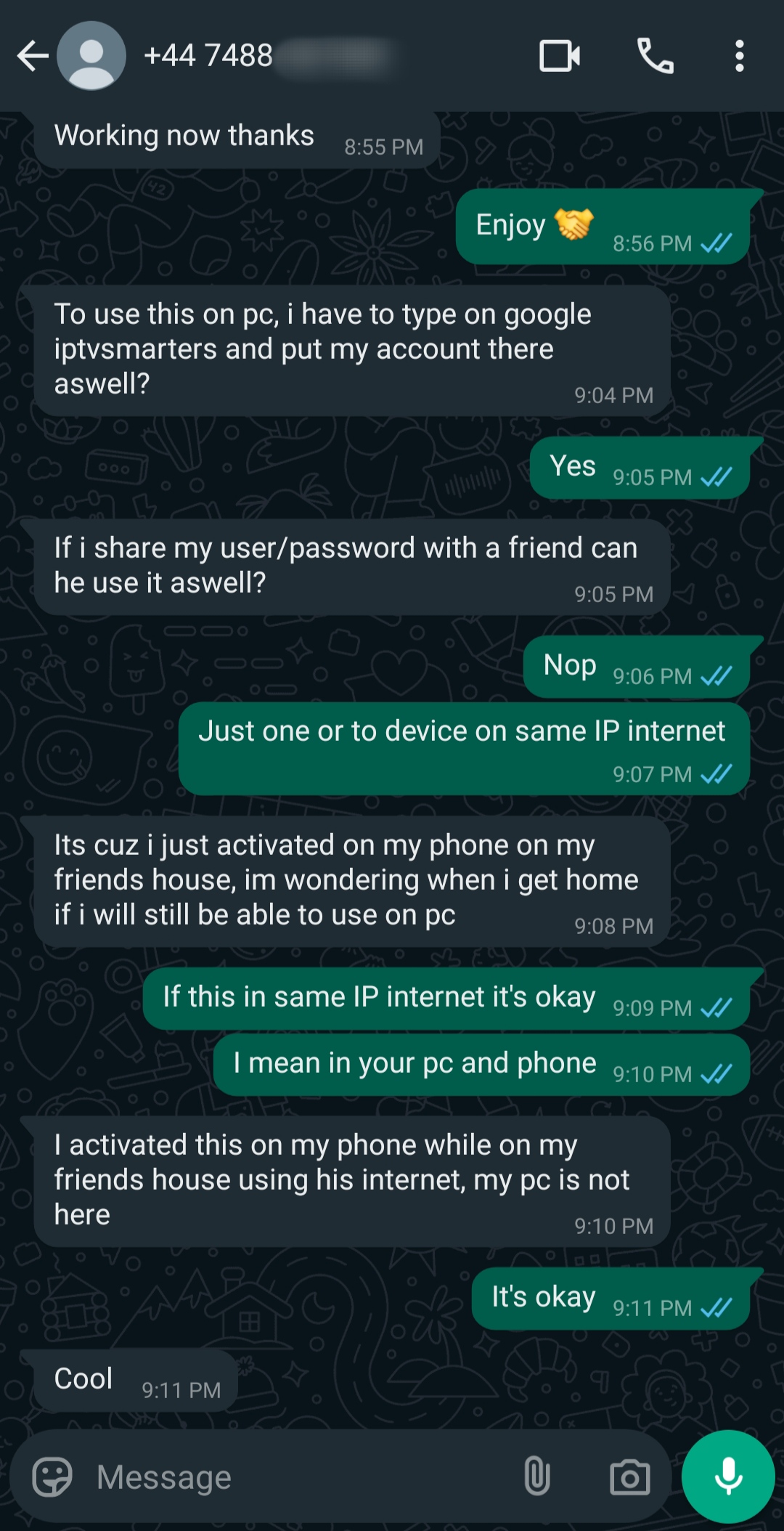 A WhatsApp chat shows a person asking if they can use their Argentina IPTV account and password on multiple devices or locations. The other person explains it's allowed only on one device or the same IP internet. The conversation ends with Cool.