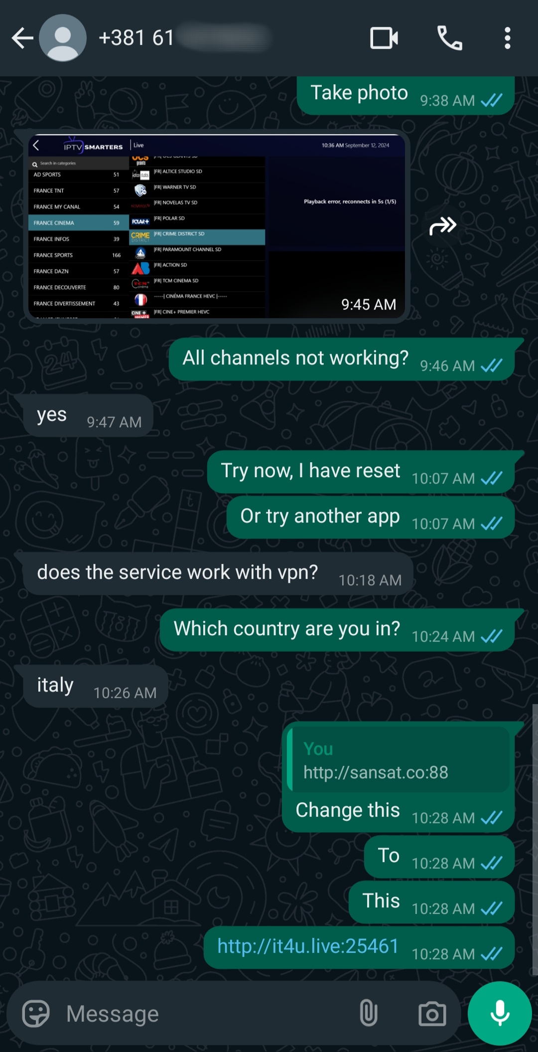 A WhatsApp chat between two users discusses TV channel issues. One user shares a screenshot of an Argentina IPTV channel list, then asks about VPN, country (Italy), and suggests changing a web link in the chat.