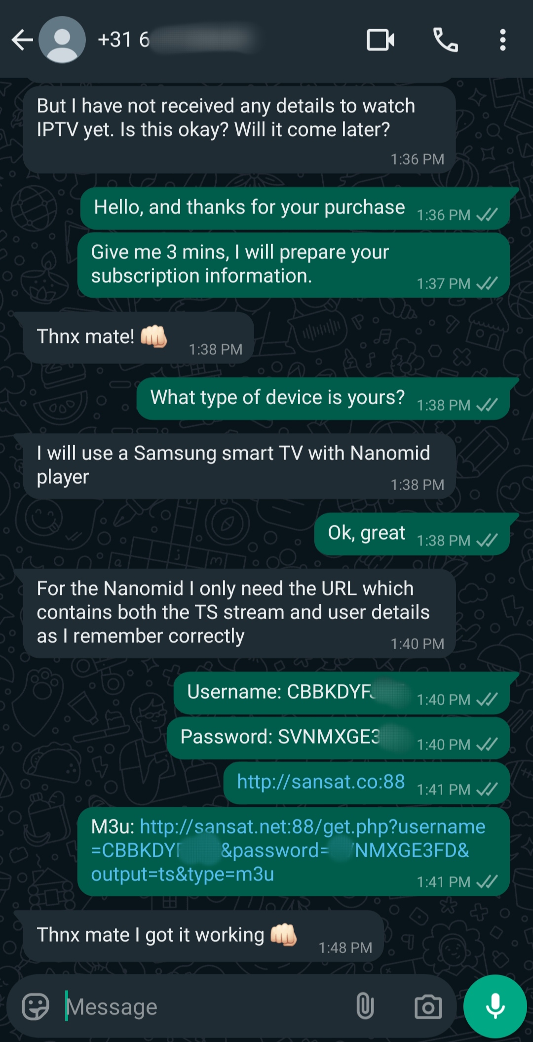A WhatsApp chat shows a customer asking about Argentina IPTV details. The seller responds with login info, username and password, plus an M3U link. The customer confirms it works and thanks the seller with a fist emoji.