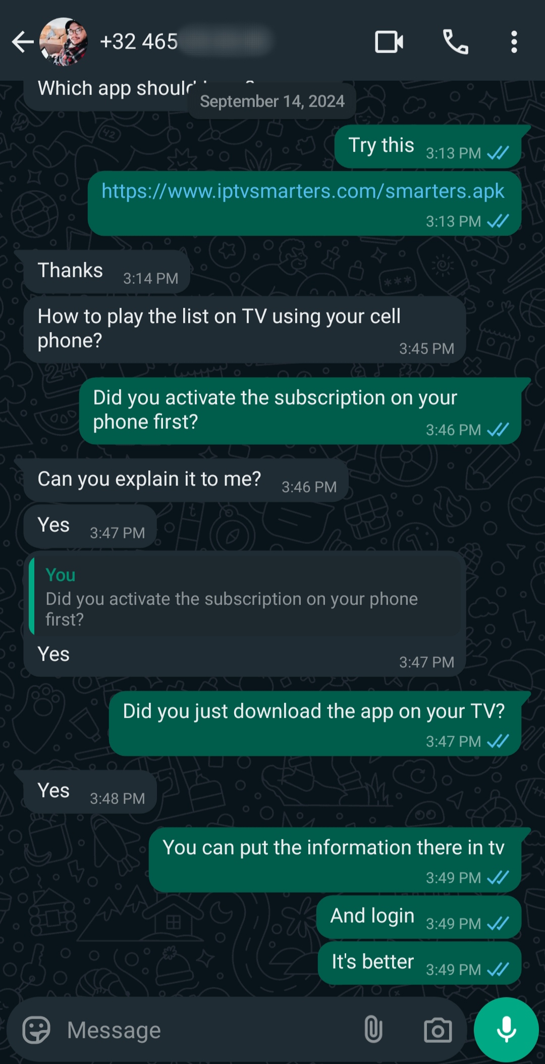 A WhatsApp chat shows a user asking for help with an Argentina IPTV app. The conversation covers activating a subscription, downloading the app on a TV, logging in, and using the phone first.
