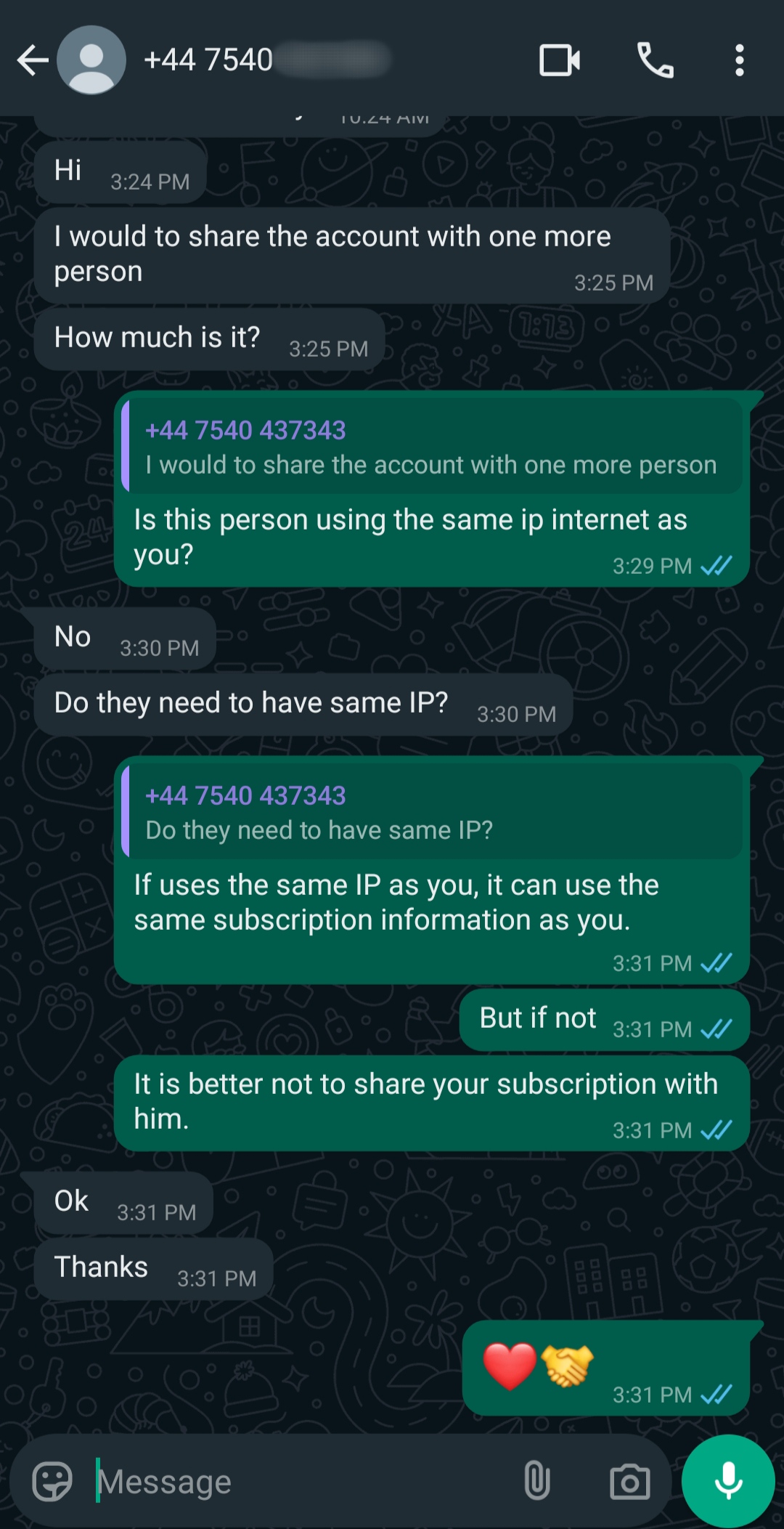 A WhatsApp chat shows a user asking if they can share an Argentina IPTV account and if both must use the same IP. The reply explains sharing an IP enables shared info, but subscription sharing isn’t recommended. The chat ends with emojis.