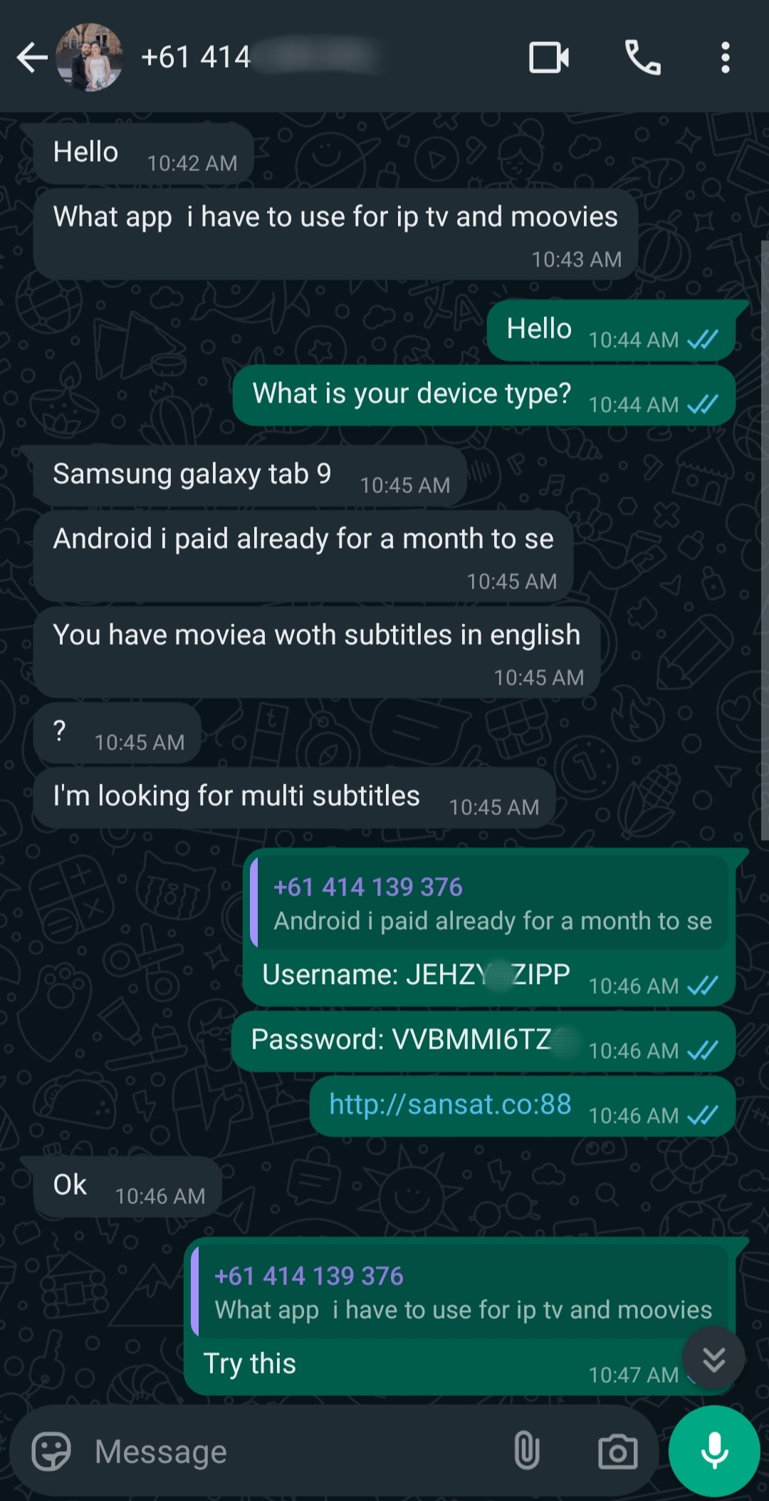 A WhatsApp chat shows a user asking for an app to use Argentina IPTV and movies on a Samsung Galaxy Tab 9. Instructions, login details, and a link are shared, and the user confirms understanding.