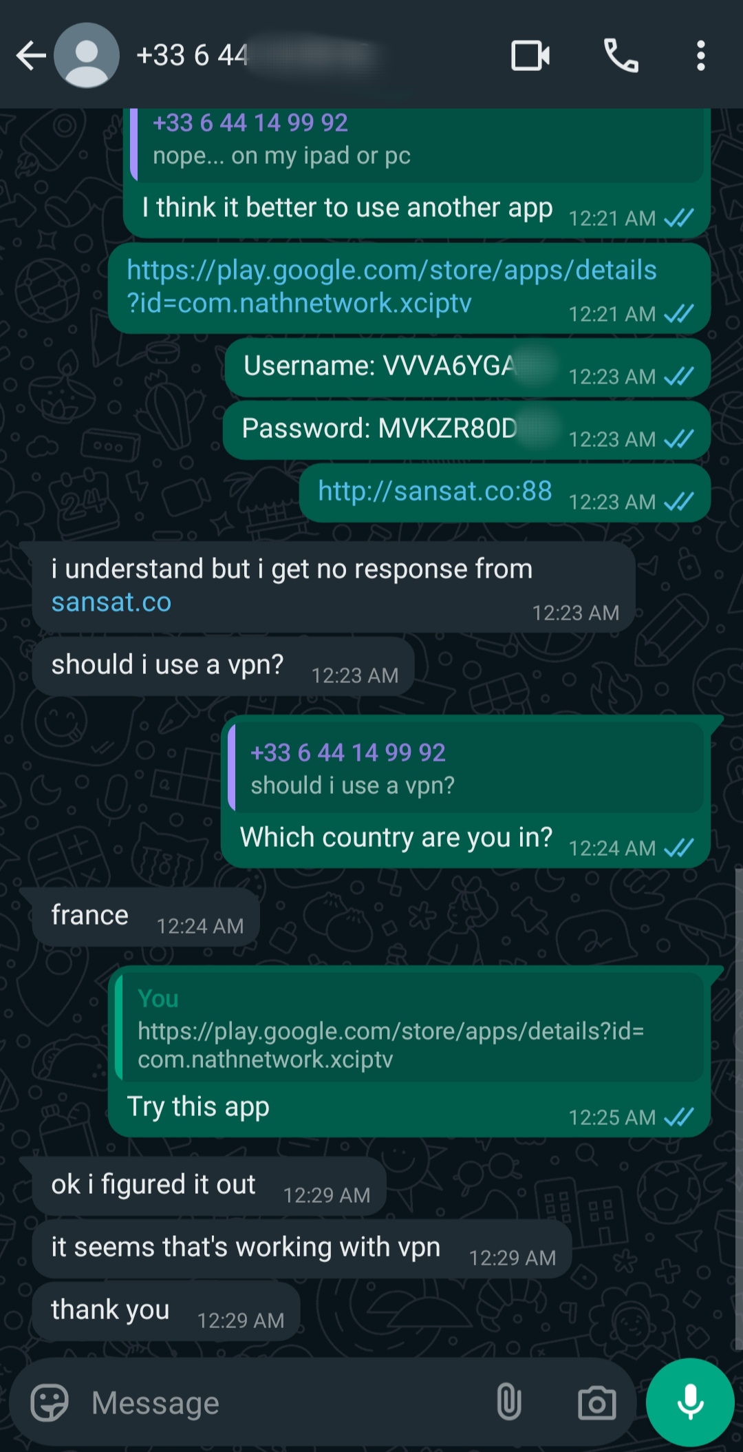 A WhatsApp chat shows a user troubleshooting an Argentina IPTV app login issue, sharing a username and password, suggesting using a VPN, and recommending another app. The conversation ends with the other person confirming the issue is resolved.