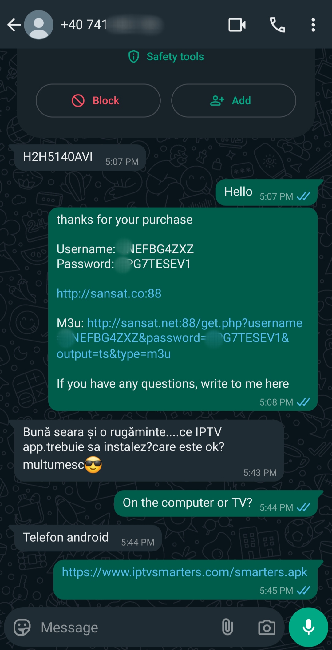 A WhatsApp chat shows a conversation about Argentina IPTV. One person shares IPTV login details and a setup link. The other asks if the app is for Android phone, and a website link for IPTV Smarters is shared.
