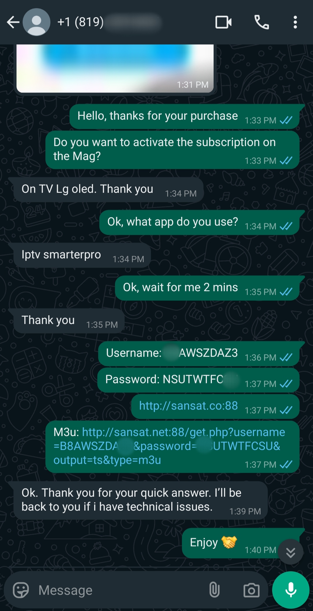 A WhatsApp chat shows a customer requesting help to activate an Argentina IPTV subscription. The seller provides username, password, and a link for IPTV Smarters Pro. The chat ends with thanks and an offer for further support.