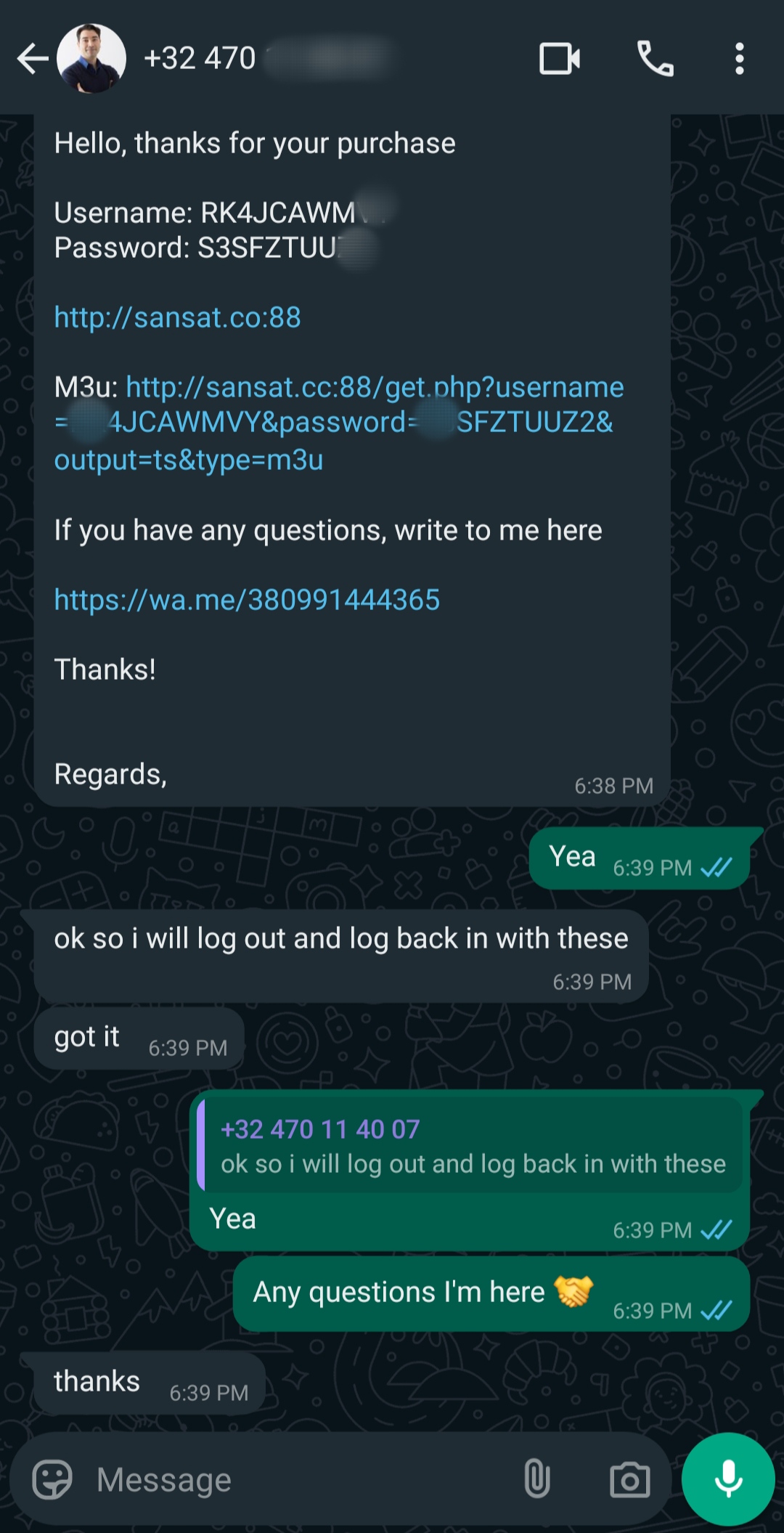 A WhatsApp chat shows a message with Argentina IPTV login credentials and a link. The recipient confirms receipt, saying they will log out and log back in. The sender reassures and asks if there are any questions.