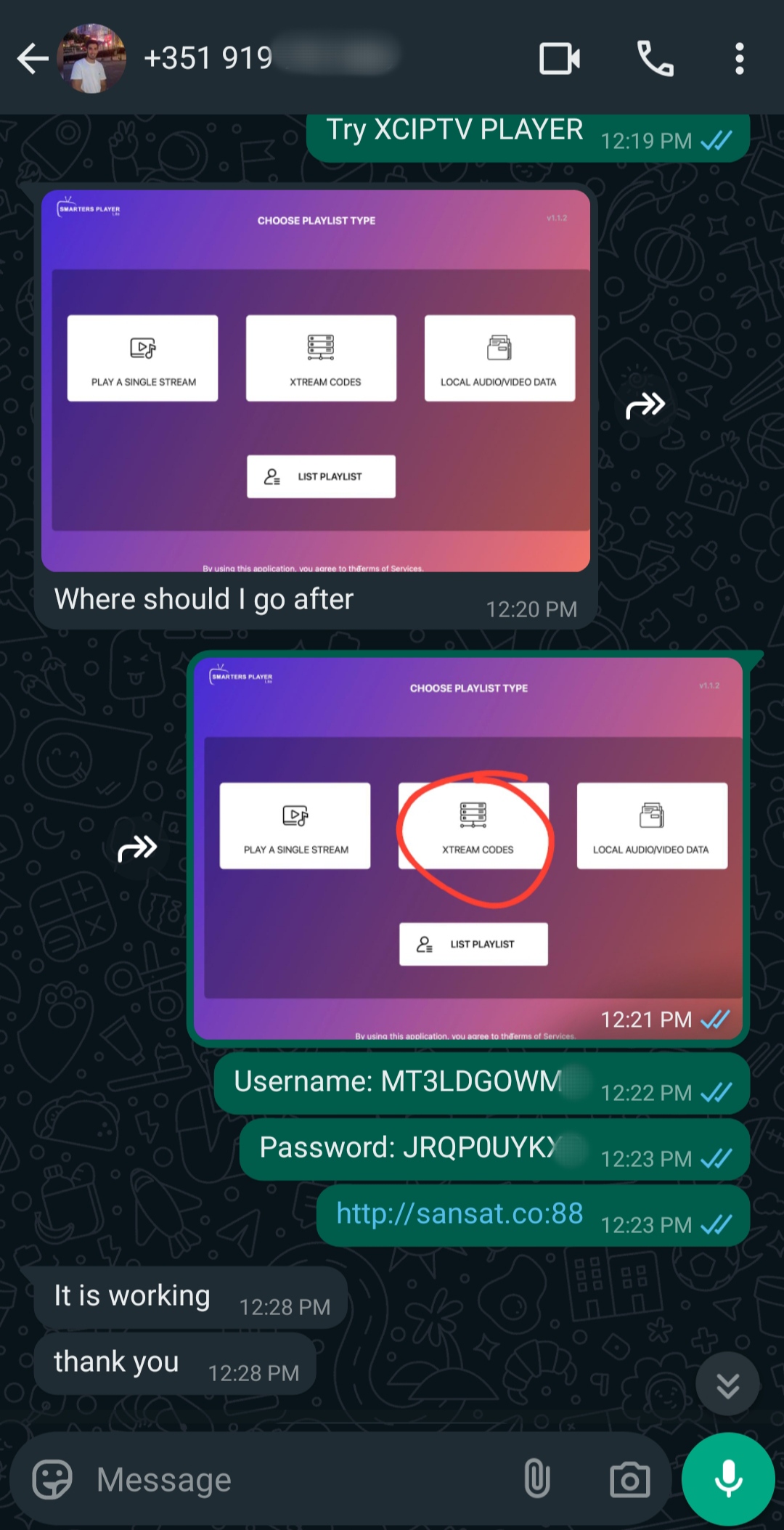 A WhatsApp chat showing instructions for setting up an Argentina IPTV player. The user is told to select Xtream Codes on a playlist screen, and login details including username, password, and server URL are shared.