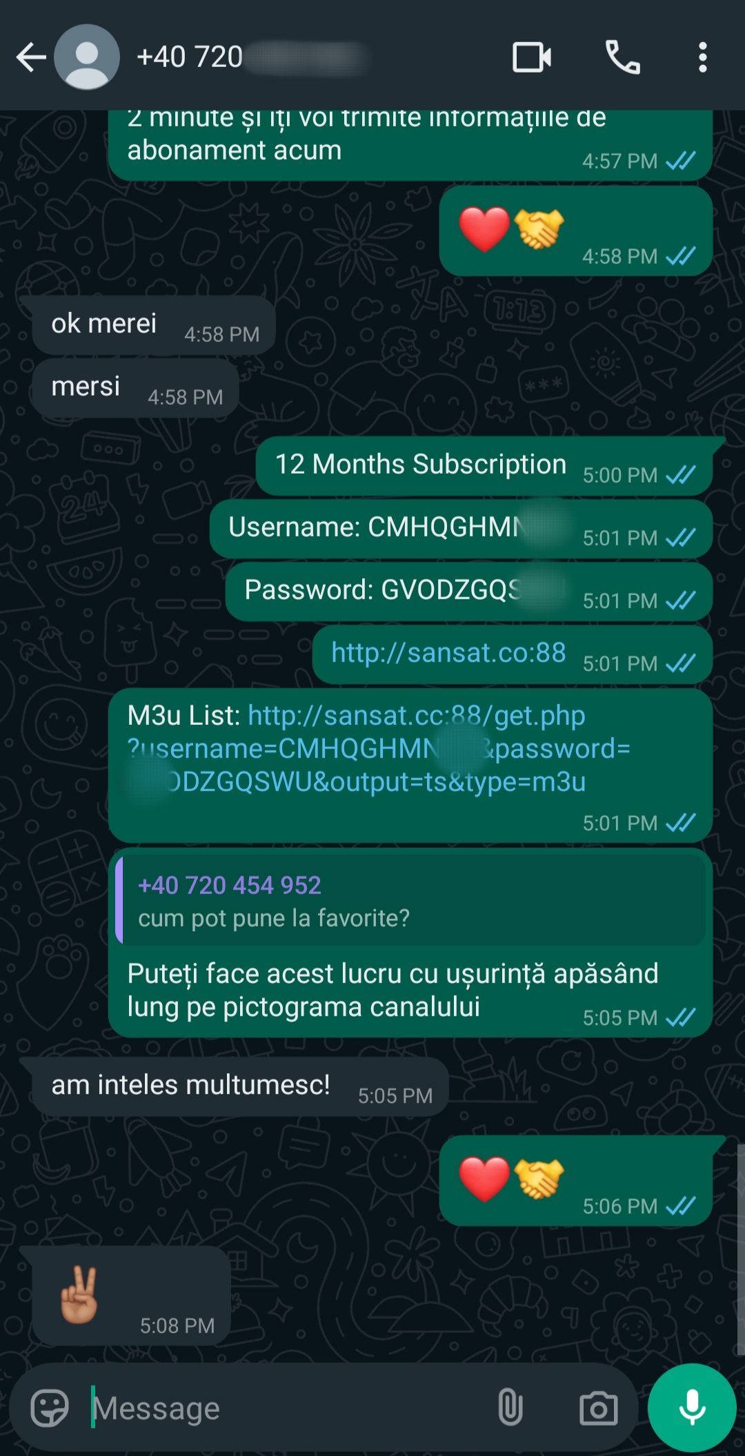 A WhatsApp chat about a 12-month Argentina IPTV subscription. The sender shares a username, password, and link with instructions in Romanian. Emojis like ❤️🤝 and ✌️ appear throughout the conversation.