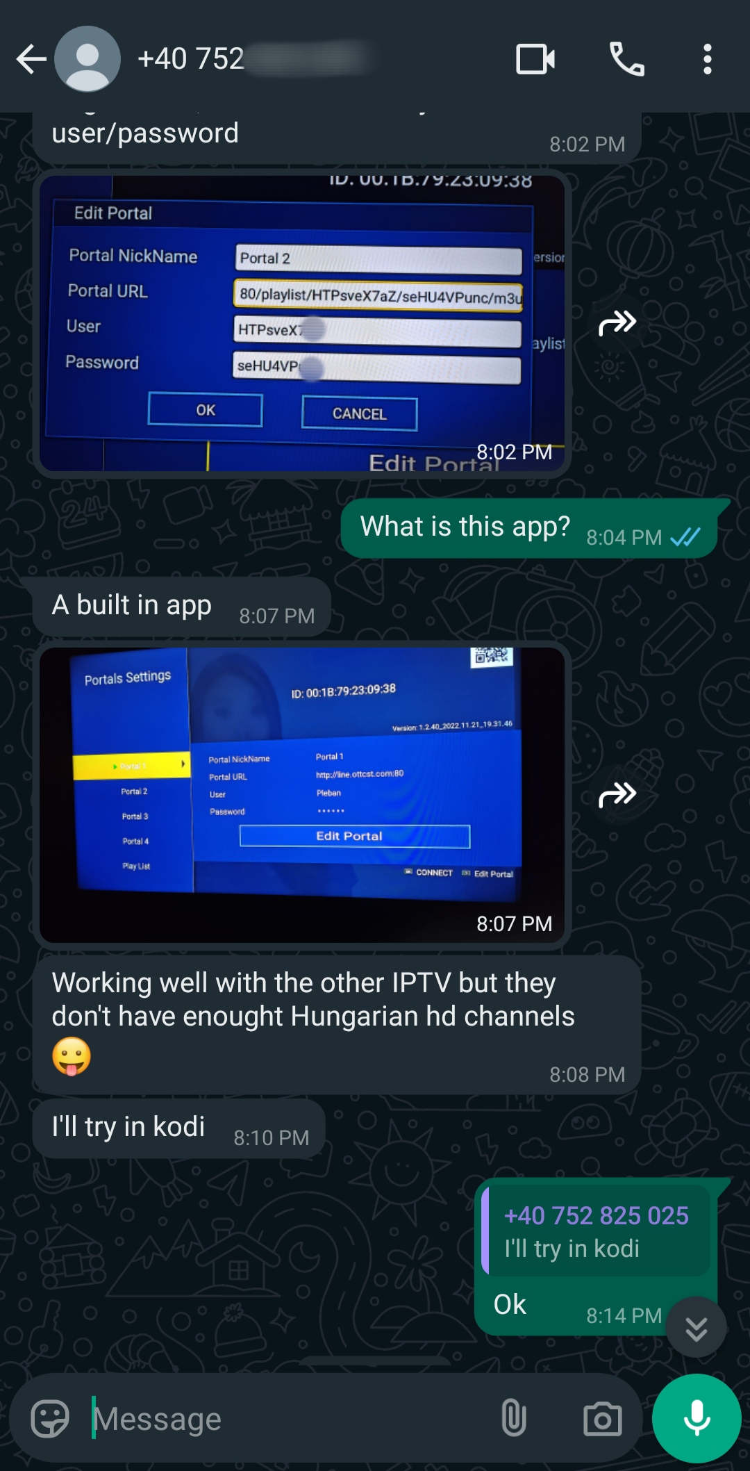 A WhatsApp chat shows screenshots of a TV apps portal settings, with messages about an in-built app, Hungarian and Argentina IPTV channels, and trying the service in Kodi. Usernames and a phone number are visible.