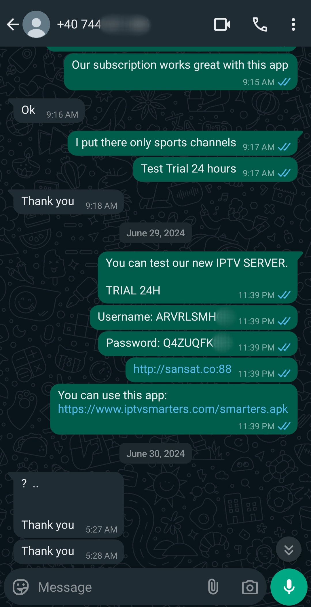 A WhatsApp chat shows a conversation about Argentina IPTV services, including a sports channel trial. Login details, a server link, and an app download link are shared. The conversation ends with thank-yous.