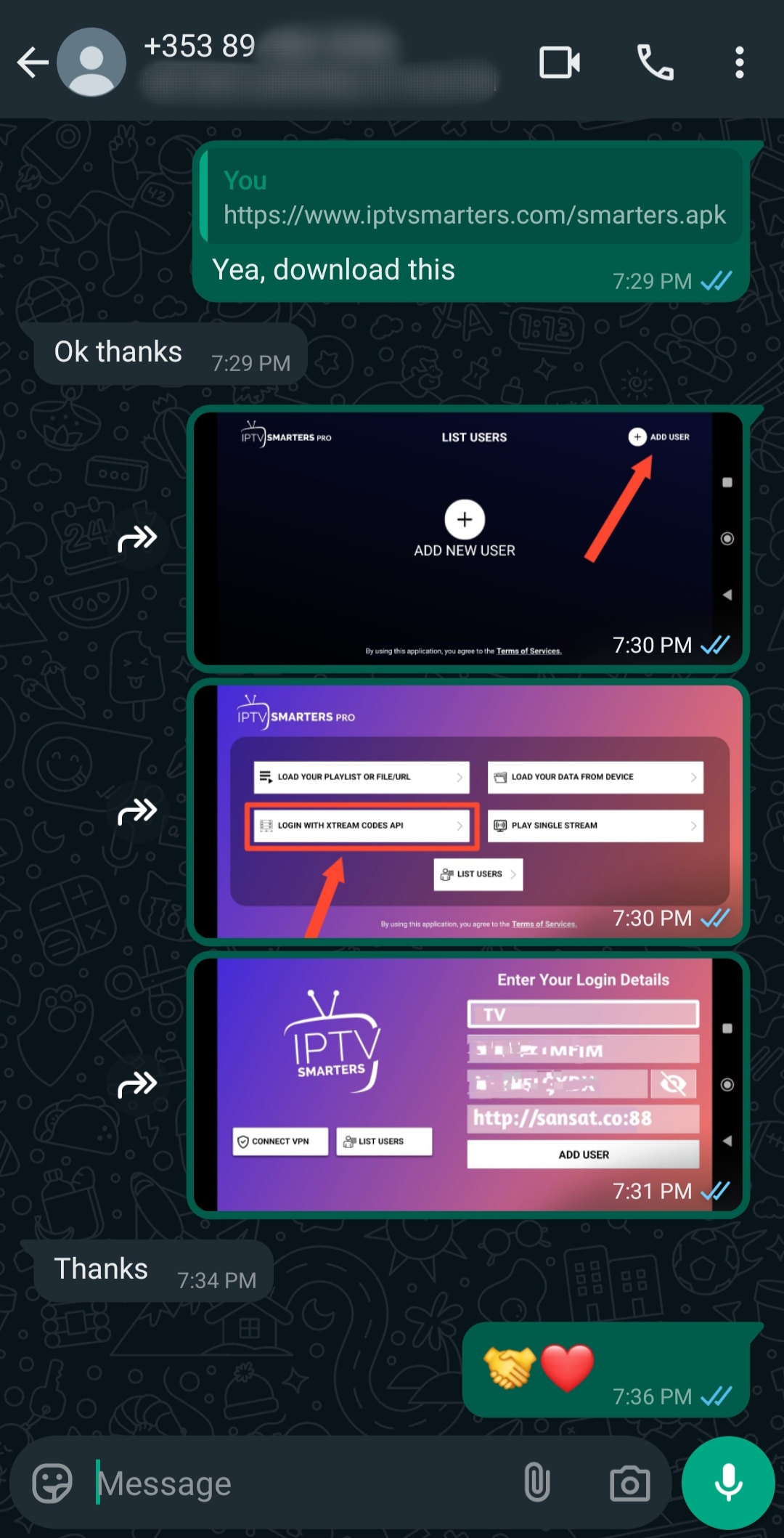 A WhatsApp chat showing instructions to install and set up the IPTV Smarters app for Argentina IPTV, with screenshots highlighting the steps to add a new user, select a login method, and enter login details.