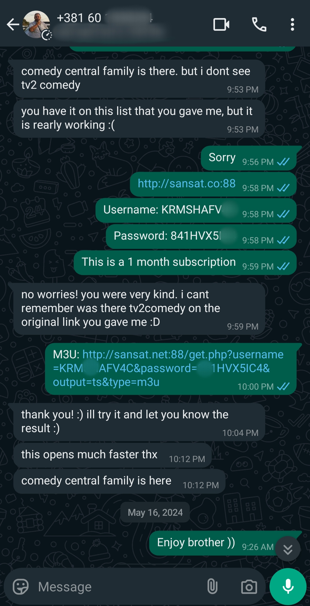 A WhatsApp chat shows a conversation about accessing comedy channels via Argentina IPTV. One user shares a TV link, username, and password. The other confirms it works and thanks them. The conversation ends on a friendly note.
