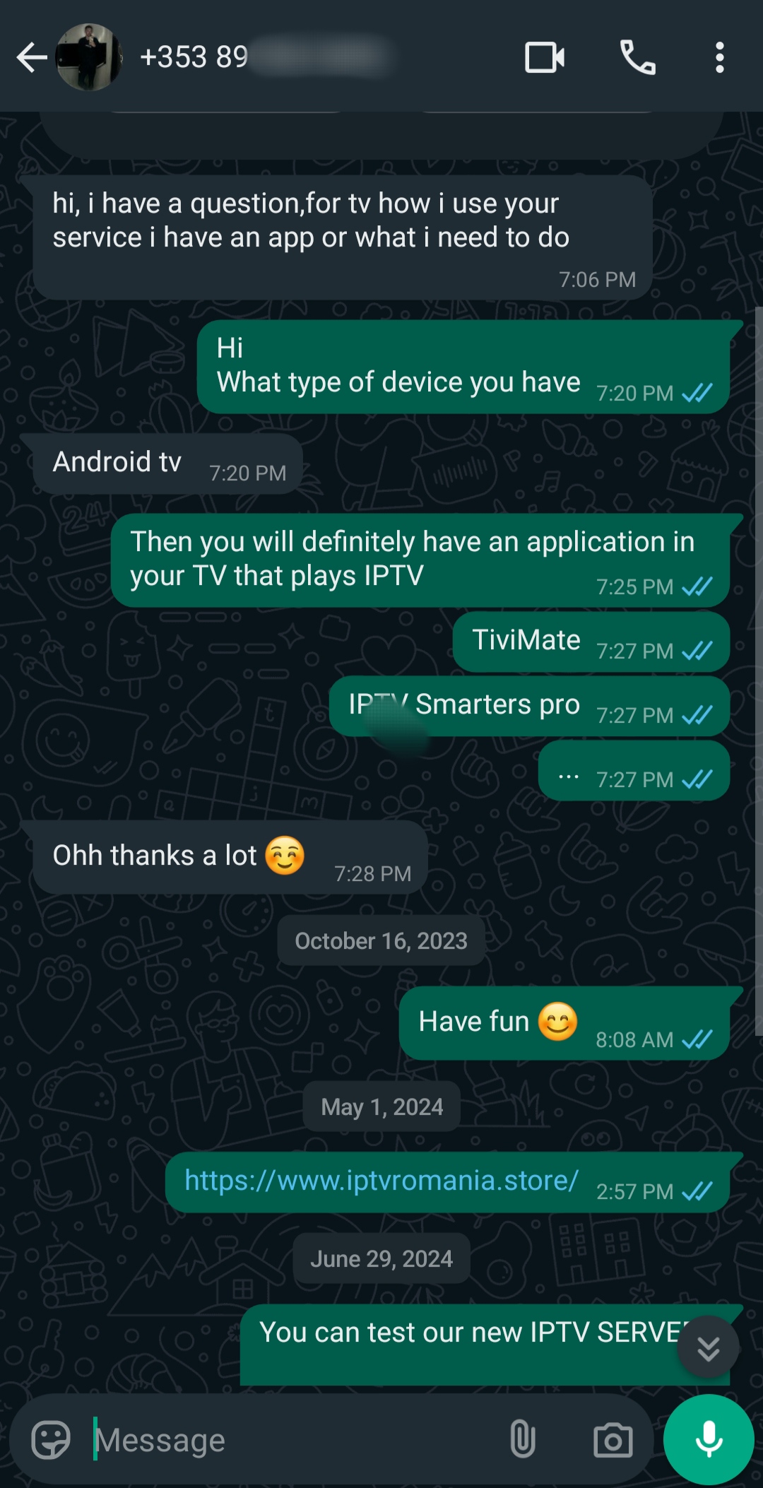 A WhatsApp chat shows a user inquiring about using Argentina IPTV. The representative asks for the device type and recommends IPTV apps like TiviMate and SMARTERS PRO. The user expresses thanks, and a link to an IPTV website is later shared.