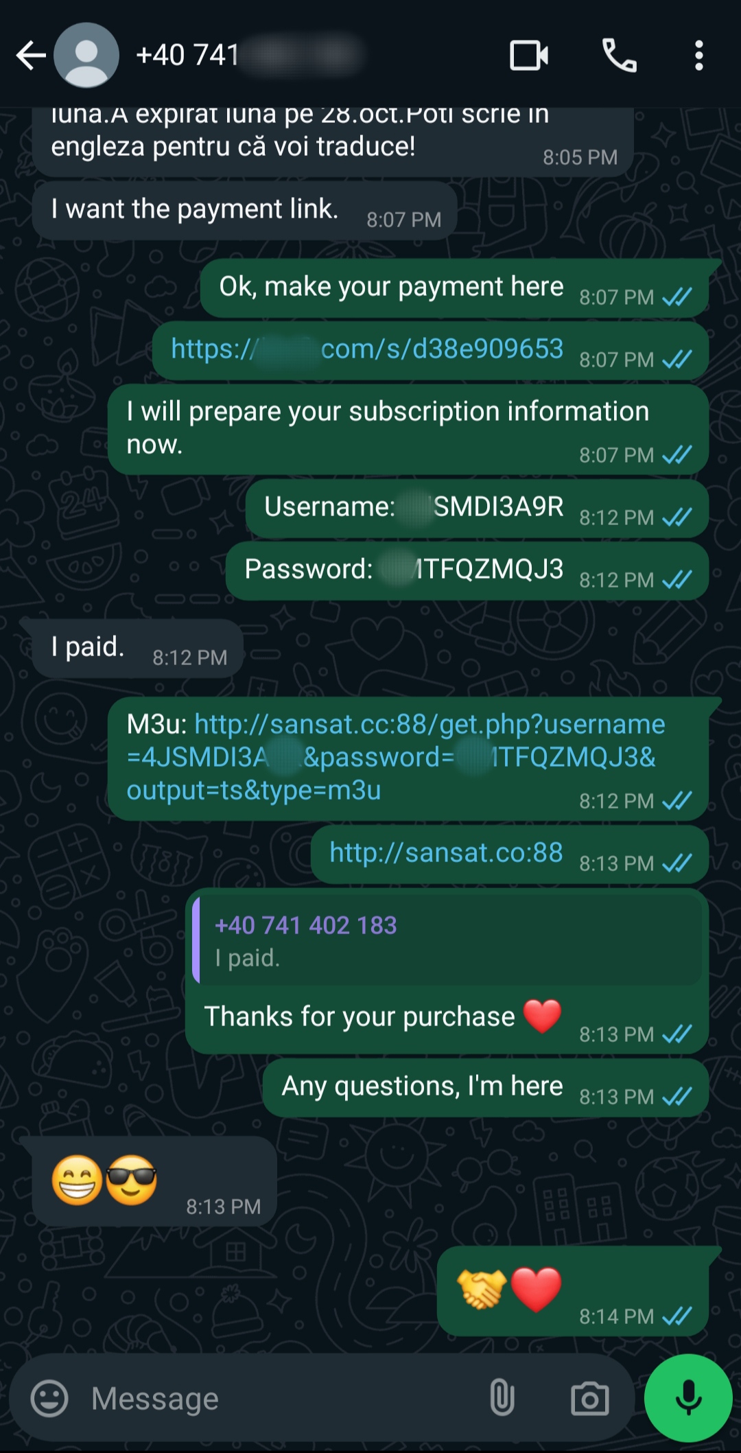 A WhatsApp chat screenshot shows a conversation about completing a payment and receiving login credentials for an Argentina IPTV subscription. The chat includes messages with usernames, passwords, and friendly emojis like smiley faces and hearts.